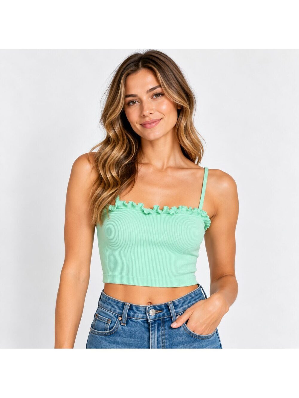 Zara Mint Green Ribbed Ruffle Crop Cami Tank Top Size S
